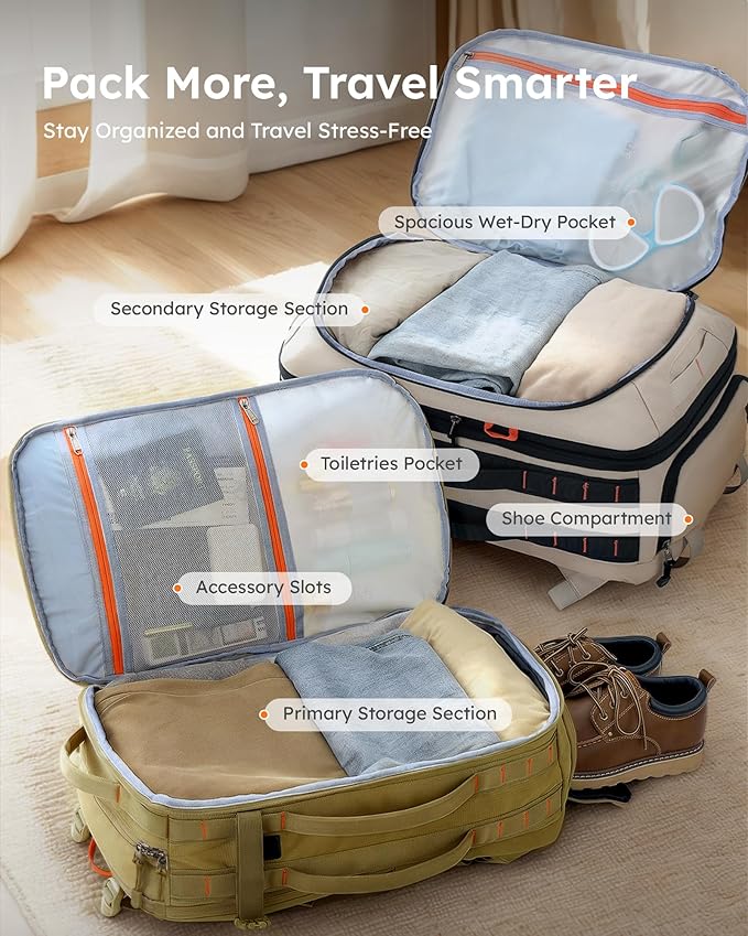 Tolaccea Carry on Travel Backpack, TSA Friendly Flight Approved Laptop Backpack Duffle Bag for Men Women with Dual Laptop Storage for 17.3", USB Charging Port, Business Rucksack 40L-50L Expandable