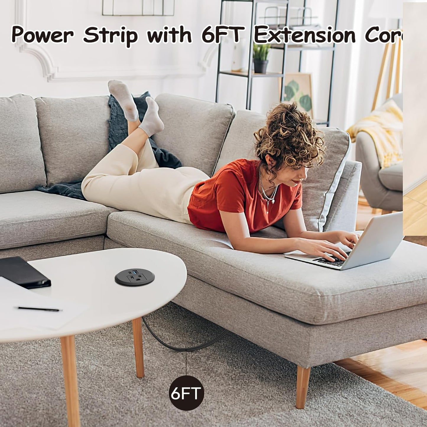 XBA 2inch Desktop Power Grommet Recessed Power Strip with PD 20W USB C,AC Outlet and 18W USB A Charging Port, Hidden Power Outlets with 6FT Extension Cords for Office, Home(Black)