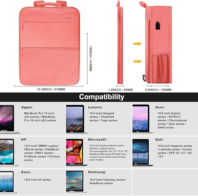 ZINZ Slim & Expandable Laptop Backpack 15 15.6 16 Inch Sleeve with USB Port, Spill-Resistant Notebooks Bag Case for Most 14-16 Inch MacBooks Surface-Books Dell HP Asus Computers,P01K01