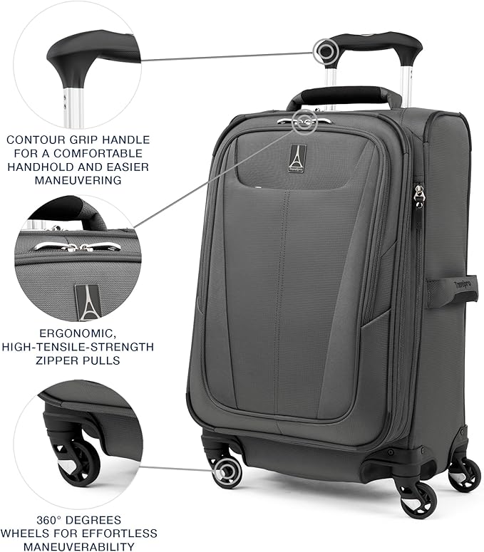 Travelpro Maxlite 5 Softside Expandable Carry on Luggage with 4 Spinner Wheels, Lightweight Suitcase, Men and Women, Shadow Grey, Carry On 21-Inch