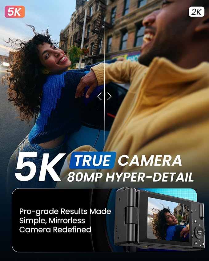 True 5K Digital Camera for Photography, Autofocus 80MP with 18X Digital Zoom 3" 270°Flip Screen Dual-Lens Selfie Camera for YouTube Vlogging & Content Creation, 2 Batteries, 32GB Card & Flash，Black