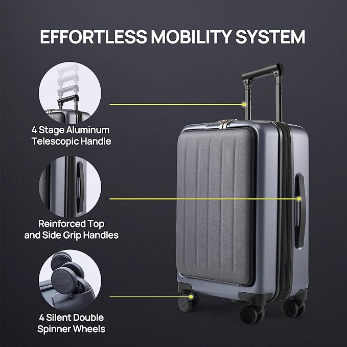 NINETYGO Carry on Luggage 22X14X9 Airline Approved with Front Laptop Pocket, 20 Inch Luggage with Front Compartment, Expandable, Double Spinner Wheels, Hardsided PC, TSA Lock (Black, Seine Max)