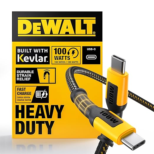 DEWALT Heavy Duty 100W USB C Cable, Jobsite 100 Watt USB C Cable, High Speed Type-C to Type-C, Fast Charge PD USBC Fast Charging Cord for iPhone 17/16/15 Plus Pro Max MacBook iPad Samsung Galaxy, 4 ft