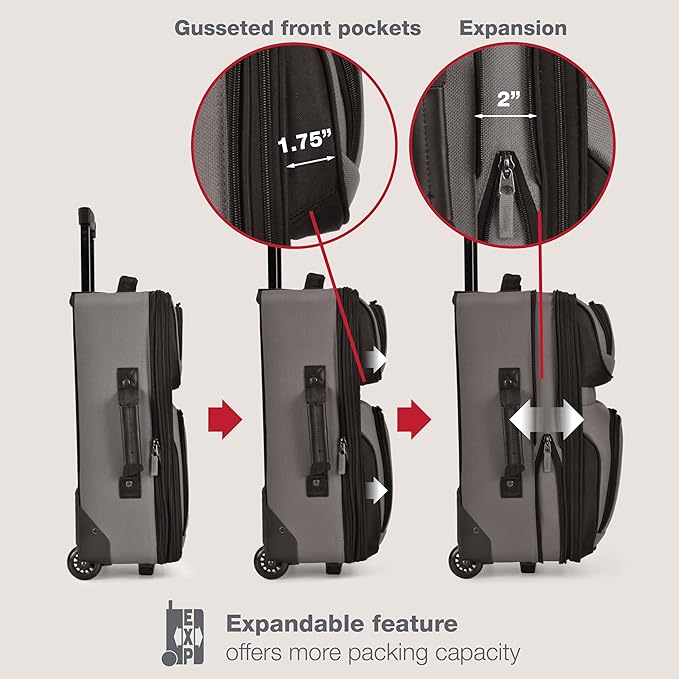 U.S. Traveler Rio Fabric Expandable Carry-on Luggage, Rolling Suitcase, Grey, 2 Wheel Set