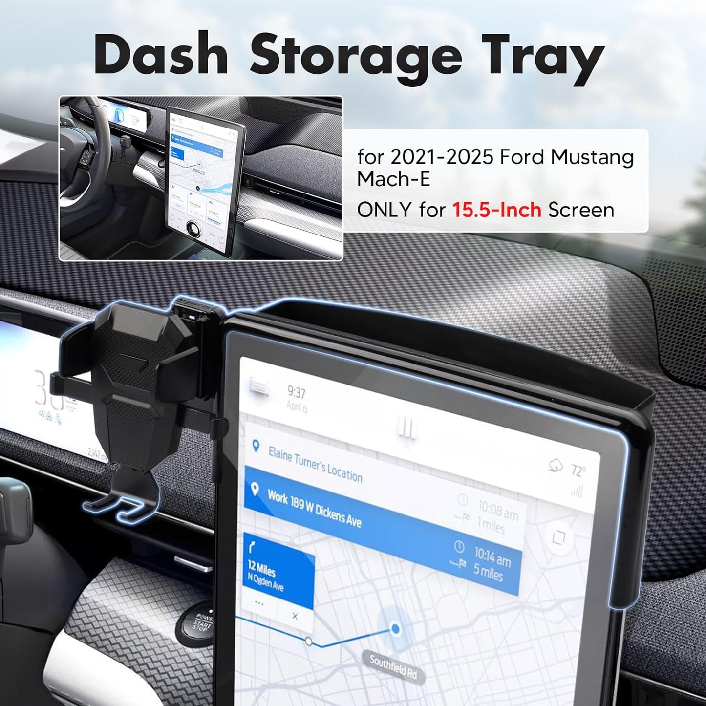 FIILINES Phone Holder for Ford Mustang Mach-E 2023-2026 (Fit 15.5" Touch Screen), Phone Mount with Dash Organizer for Mustang Mach-E Accessories, 360 Degree Rotation Dash Mount Cell-Phone Holder