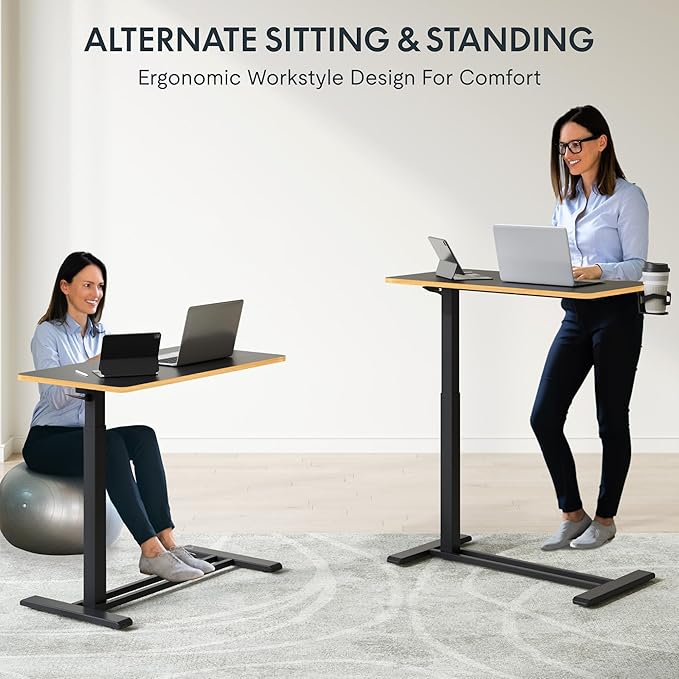 FLEXISPOT H7 Adjustable Overbed Bedside Table with Wheels Pneumatic Mobile Standing Desk Laptop Desk Rolling Computer Cart Movable Overbed Table Hospital Home Use(31.5" W x 17.7" D, Black Maple Large)