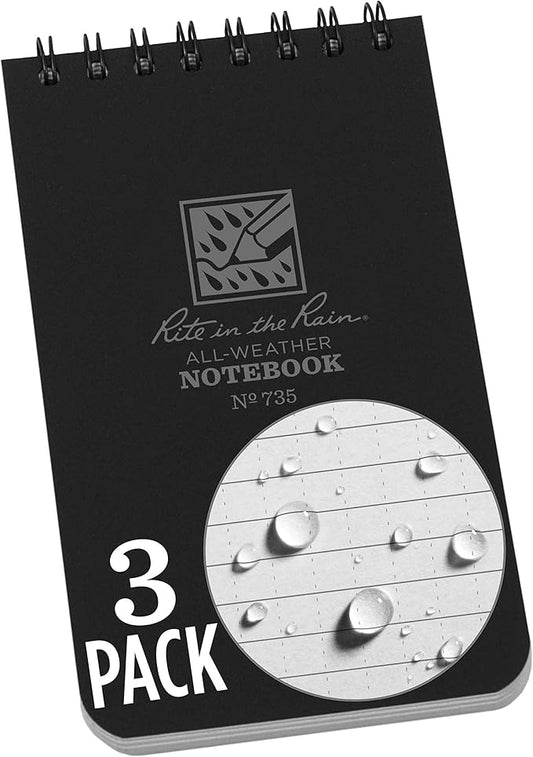 Rite in the Rain Weatherproof Top Spiral Notebook, 3" x 5", Black Cover, Universal Pattern, 3 Pack (No. 735-3X)