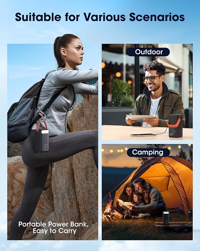 Portable Charger 80000mAh Power Bank, 22.5W Fast Charging USB C Battery Pack, 3 Outputs, LED Display & LED Light, External Huge Capacity Cell Phone Battery Bank for iPhone, Samsung, iPad, Camping