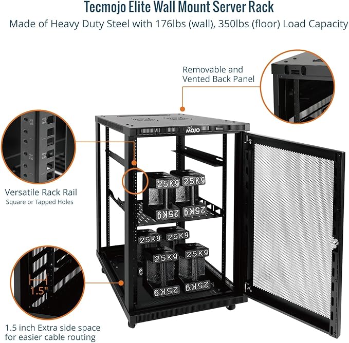 Tecmojo 18U Wall Mount Rack,18U Rack 17.7 Inch Depth,Hold Up to 176 Lbs,Server Rack with Casters,Enclosed Wall Mount Rack Kit for 19 Inch Network,Server and AV Gear,Mesh Door(Elite Collection)