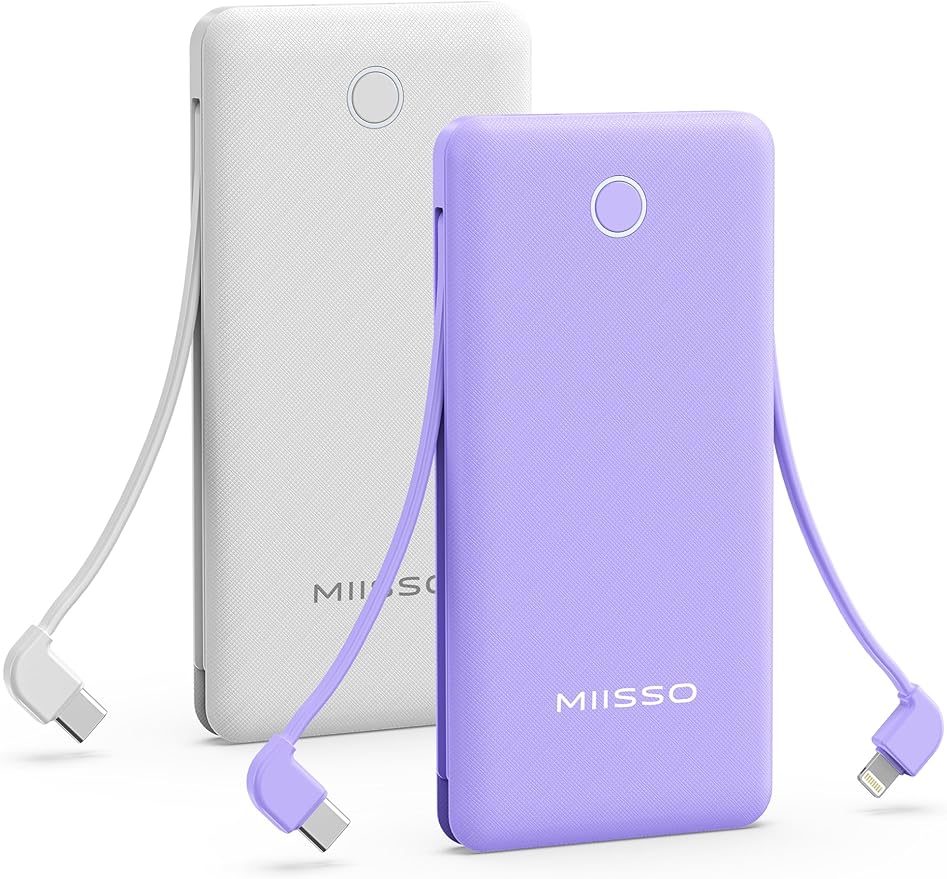 10000mAh Slim Portable Charger with Built in Cable, Power Bank Travel Charger External Battery Pack for Phone, 4 Output USB Type C Cord Clutch Charger Compatible with iPhone, 2 Pack White & Purple