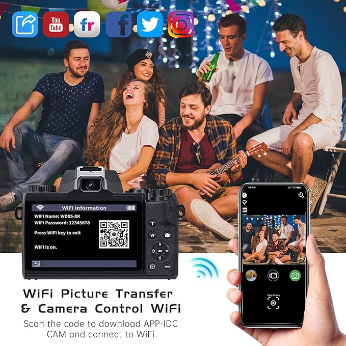 8K Digital Camera for Photography, WiFi Touchscreen Vlogging Cameras for YouTube with Autofocus,16X Digital Zoom Video Camera with 3000mAh Battery, Dual-Lens, Lens Hood, 32GB TF Card,Black