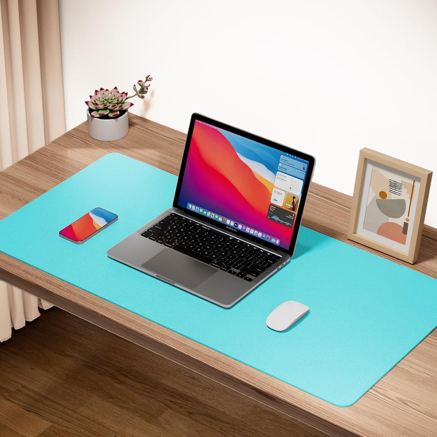 Boutilon Leather Desk Pad Protector,Non-Slip Mouse Pad,Laptop Desk Pad,Office Mouse Mat,Waterproof Leather Desk Blotter,Desk Writing Pad for Office and Home (M-Bright Blue,30"x14")