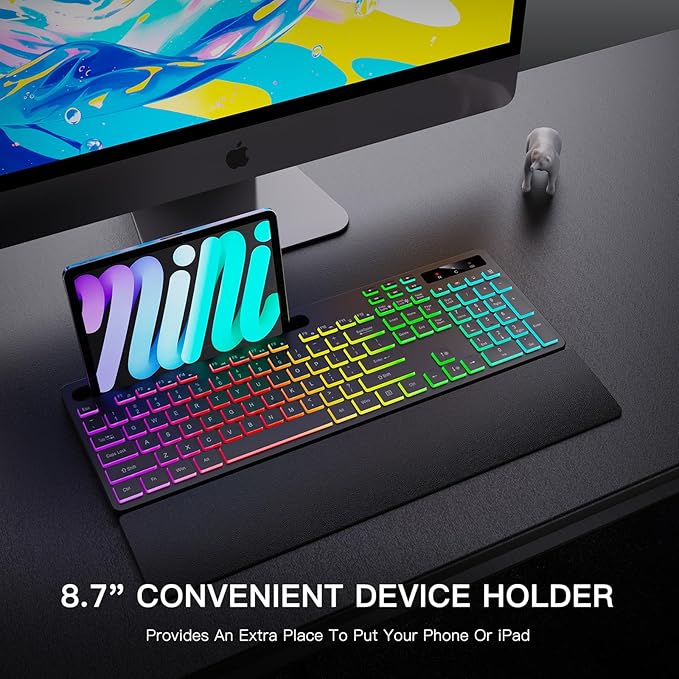 Wireless Keyboard with 7 Colors & 4 Modes RGB Backlit, Ergonomic Keyboard with Wrist Rest, Phone Tablet Holder, 2.4G Light Up Computer Keyboard with Numeric Keypad for Mac, Windows