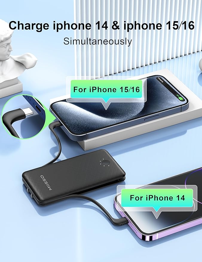 miisso Ultra Slim 10000mAh Power Bank Built-in Cables and Foldable AC Wall Plug, Pocket Size USB C Portable Charger, External Battery Pack Compatible with iPhone Samsung iPad etc, Black