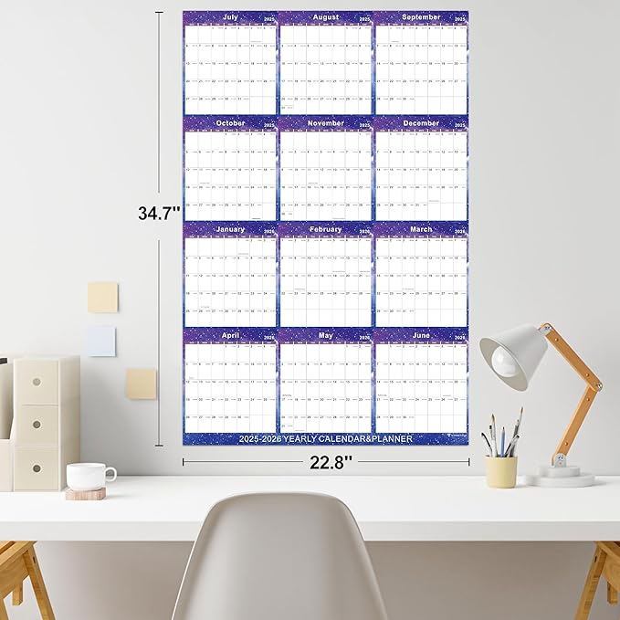 2025-2026 Yearly Wall Calendar - annual calendar with Thick Paper, July 2025 - June 2026, X Large, 34.7" x 22.8" (2025-2026 Yearly Wall Calendar - Purple Star)