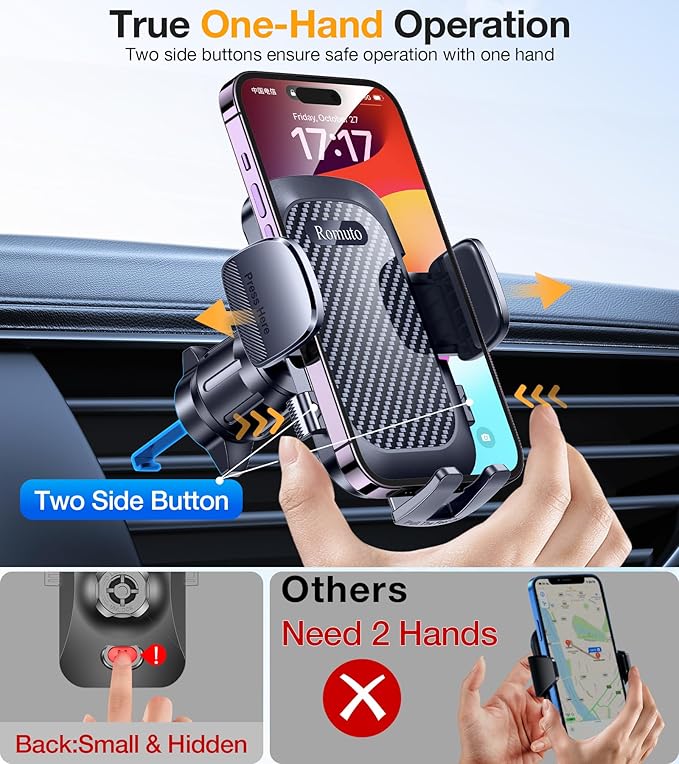 Romuto Car Phone Holder Mount【2025 Strongest Suction】 Phone Mount for Car Cell Phone Holders for Your Car Accessories for Women Men Dash Windshield Vent Truck Stand for iPhone Samsung Camera Mounts