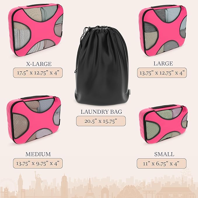 Shacke Premium 5 Packing Cubes Set - Lightweight Mesh Travel Luggage Organizers with Laundry Bag, 5-Piece Suitcase Storage System (Precious Pink)