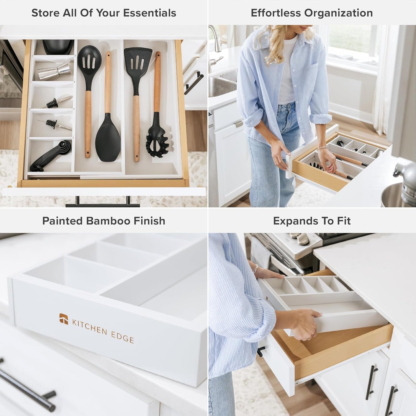 Adjustable Kitchen Drawer Organizer for Utensils and Junk, Food-Safe Contract Grade with 100% Sustainable Wood, Expandable from 10.5 to 19 Inches Wide - White Bamboo