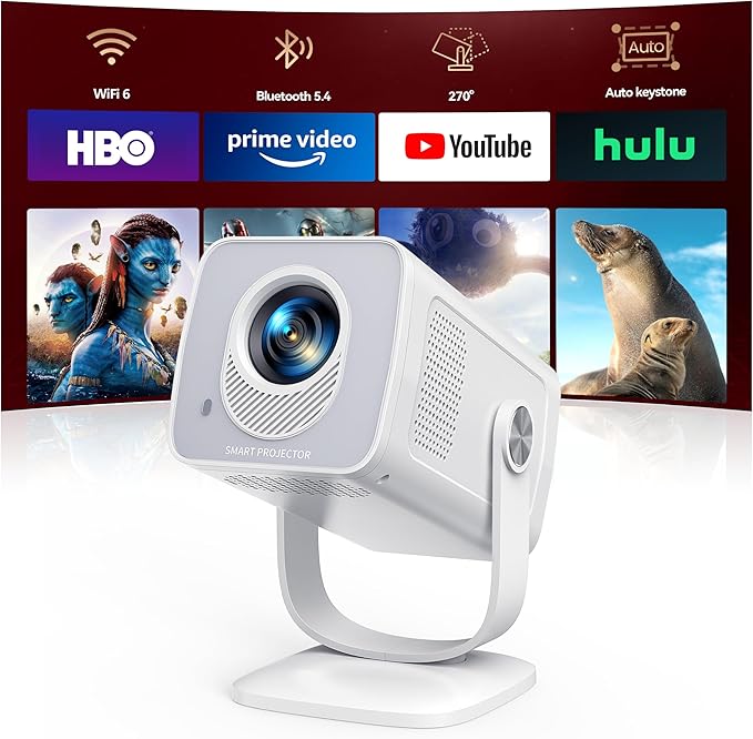 Mini Projector with WiFi6 and Two-Way Bluetooth5.4, 4K Smart 1080P Portable Outdoor Movie Proyector with Android 13 & Built-in Apps, Auto Keystone & 270° Rotation,Compatible with Phone/HDMI/TV Stick