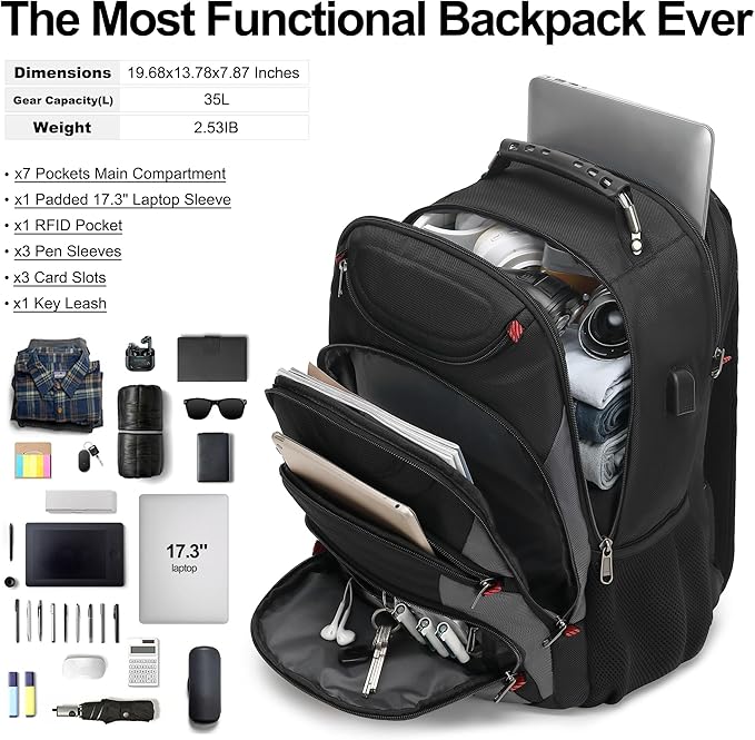 Boavan Laptop Backpack for men, 17.3 inch Laptop Bag with USB Port, Waterproof Travel Work Backpack Purse, Anti-Theft Teacher Nurse Doctor Casual Bookbags Office Business backpack，Black&Dark Grey