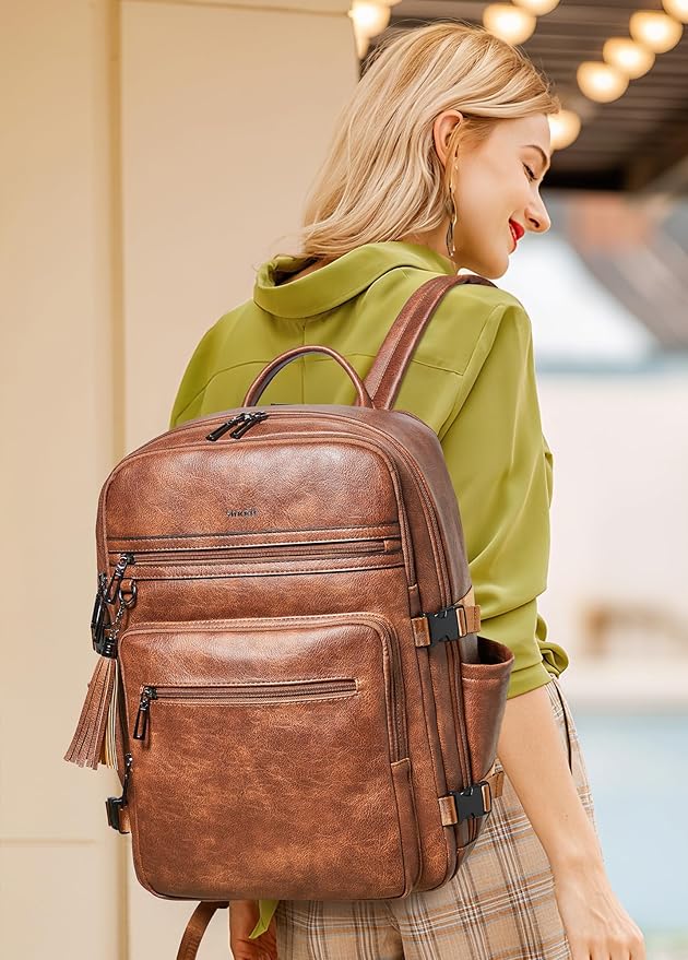 Shrrie Laptop Backpack for Women,Vegan Leather Backpack Work Computer Backpacks fits 16" Laptop,Water Resistant Teacher Nurse Casual Daypack for Weekender Camping Travel,Two-toned Brown