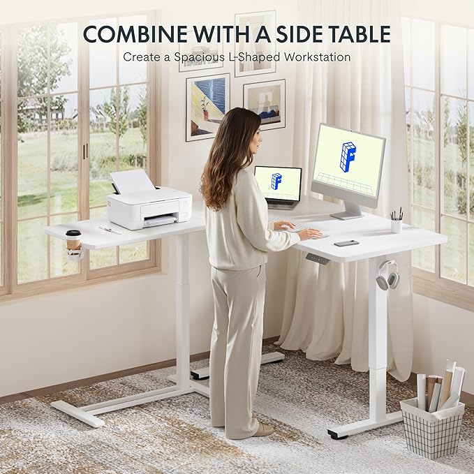 FLEXISPOT H7 Adjustable Overbed Bedside Table with Wheels Pneumatic Mobile Standing Laptop Desk Rolling Computer Cart Movable Overbed Table Hospital Home Use (31.5" W x 17.7" D, White Large)