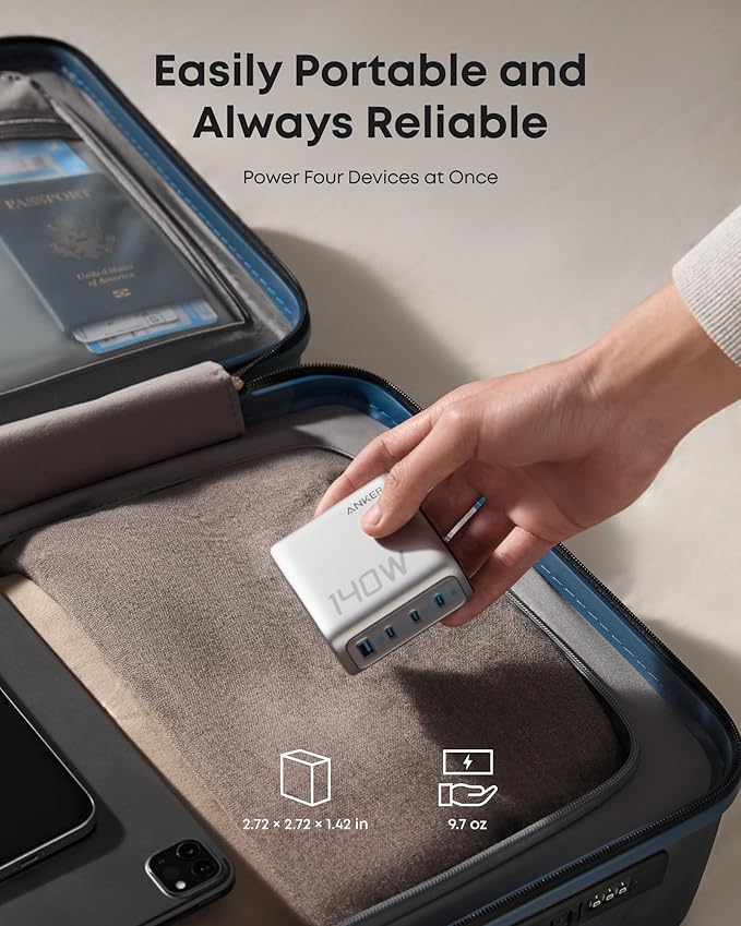 Anker Laptop Charger, 140W MAX USB C Charger, 4-Port Multi-Device Fast Charging, Advanced GaN Power Adapter, Intuitive Touch Controls, for MacBook, iPhone 17/16 Series, Samsung Galaxy, Pixel, and More