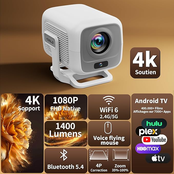Mini Projector 1080P, Projector 4K Full HD, Smart Projector Featuring Auto Focus & Keystone Correction with Built-in Apps, Portable Projector WiFi 6 & Bluetooth 5.4 180° Rotation for Phone/Tablet/HDMI