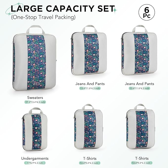 6 Set Compression Packing Cubes for Travel Essentials,Compressible Expandable Packing Cubes for Suitcase,OlarHike Luggage Organizer Bags for Travel(Dark Blue Floral)