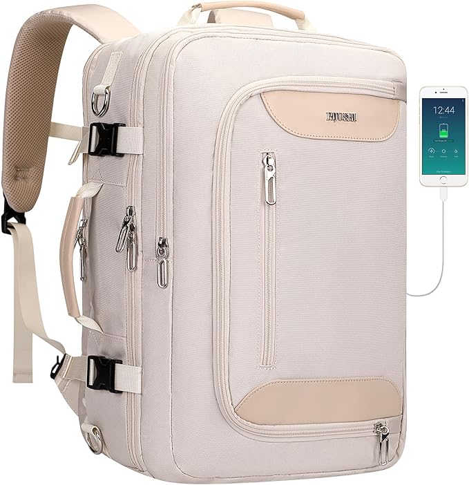 PIJUSHI Travel Backpack for Women Flight Approved Carry on Bag 16 inch Laptop Personal Item Daypack with Shoe Compartment(PE038 Beige)