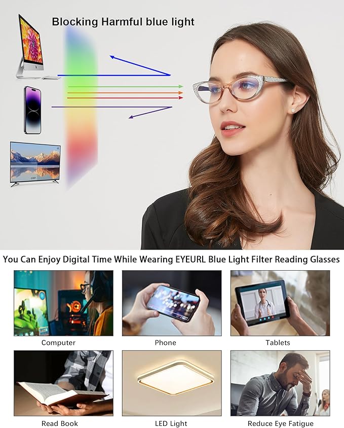 EYEURL 4-Pack Cat Eye Reading Glasses for Women Blue Light Glasses Fashion Computer Readers with Spring Hinge Anti-Glare Readers for Women 0.0