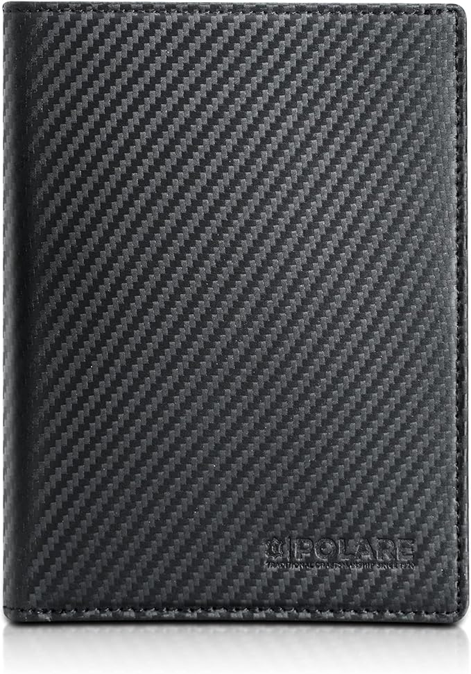 Polare Slim RFID Blocking Leather Passport Holder Travel Bifold Wallet For Men (Carbon Black)