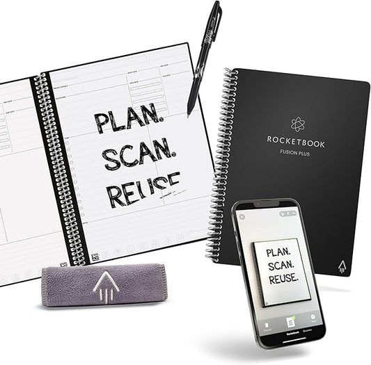 Rocketbook Smart Reusable Notebook, Fusion Plus Executive Size Spiral Notebook & Planner, Infinity Black, (6" x 8.8")