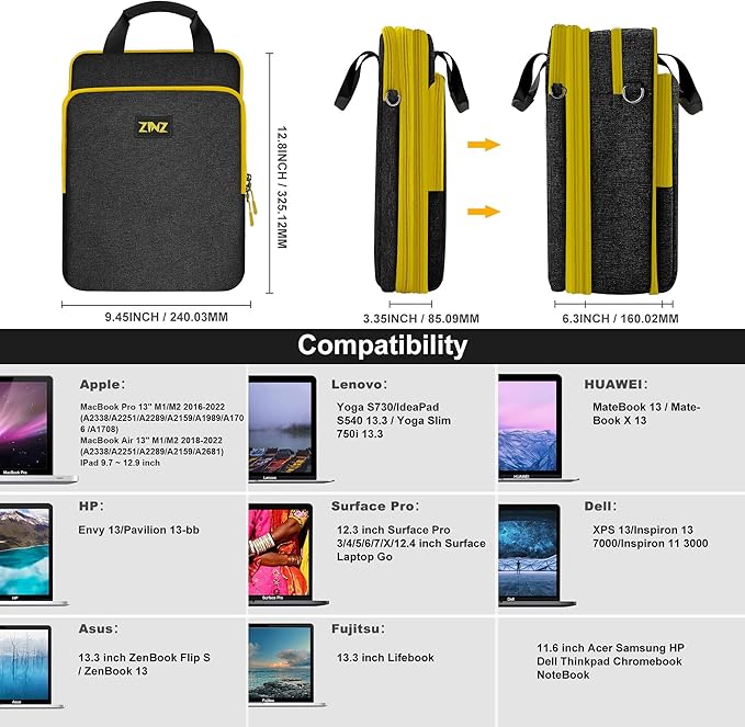 ZINZ Slim & Expandable Case 12.9 13 inch Travel Laptop Shoulder Bag for MacBook Air 13" M3/M2/M1, MacBook Pro 13" M2/M1, iPad Pro 12.9"/13"/11", iPad Air 13",B01K04
