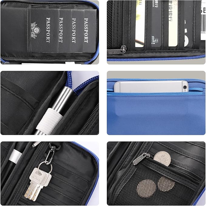 Travel Passport Holder, Large Family Passport Walle for Men Women RFID Passport Cover Lightweight Portable Document Organizer with Wrist Strap (Blue)