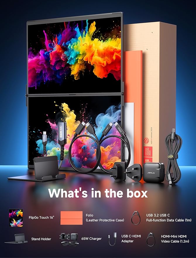 JSAUX FlipGo Touchscreen 16" Dual Portable Monitor, 2.5K Triple Laptop Touch IPS Screen Foldable Extender for Laptop[for Windows/Linux] One Cable to Dual/Magnetic Design/Built-in HUB/HiDPI Display