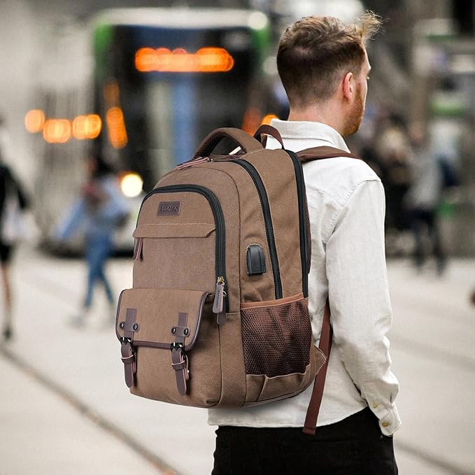 Mactso Canvas Travel Laptop Backpack for Men Women, Business Work Rucksack College School Computer Bag Fits 15.6 Inch Notebook,Bookbag with USB Charging Port (Coffee, 15.6 Inch)