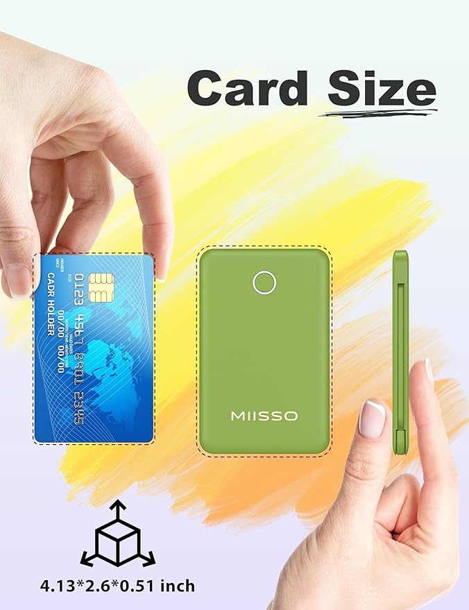 6000mah Ultra Slim Built in Cables Power Bank, Card Size Built in USB C Cords Battery Pack Portable Charger for Phones, 3 Output External Battery Pack Compatible with iPhone, Samsung, Google, Green