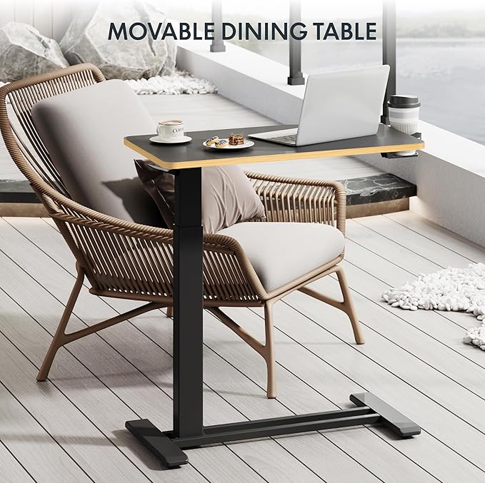 FLEXISPOT H7 Adjustable Overbed Bedside Table with Wheels Pneumatic Mobile Standing Desk Laptop Desk Rolling Computer Cart Movable Overbed Tables Hospital Home Use(27.6" W x 15.7" D, Black Maple)