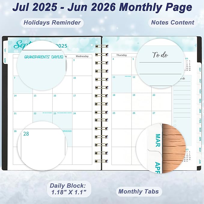Daily Planner 2025-2026, 6.1" x 8.3", Jul.2025-Jun.2026, 2025 Planner Weekly and Monthly, Calendar 2025 with Tabs & Pocket, 100GSM Thick Paper, Black