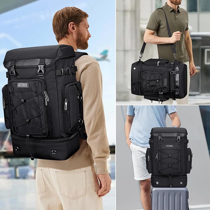 WITZMAN Travel Backpack for Men Women Carry on Bags for Airline Approved Convertible Duffle Luggage Backpack Shoe Compartment (B691 Classic Black)