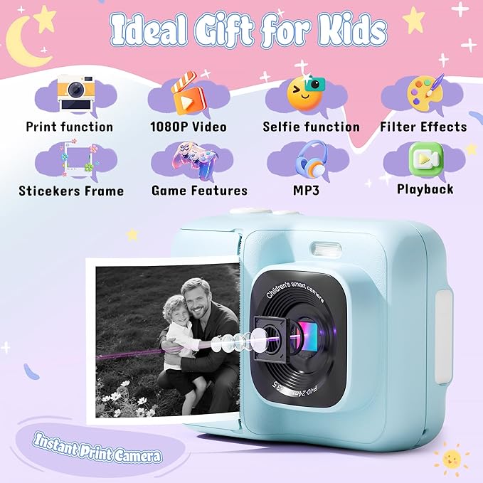 Kids Camera, 1080P Instant Digital Print Camera for Kids, Christmas Birthday Gifts for 4 5 6 7 8 9 10 Year Old Girls Boys, Portable Toy with 32GB SD Card & 3 Rolls Printing Paper, 1 Count, Blue