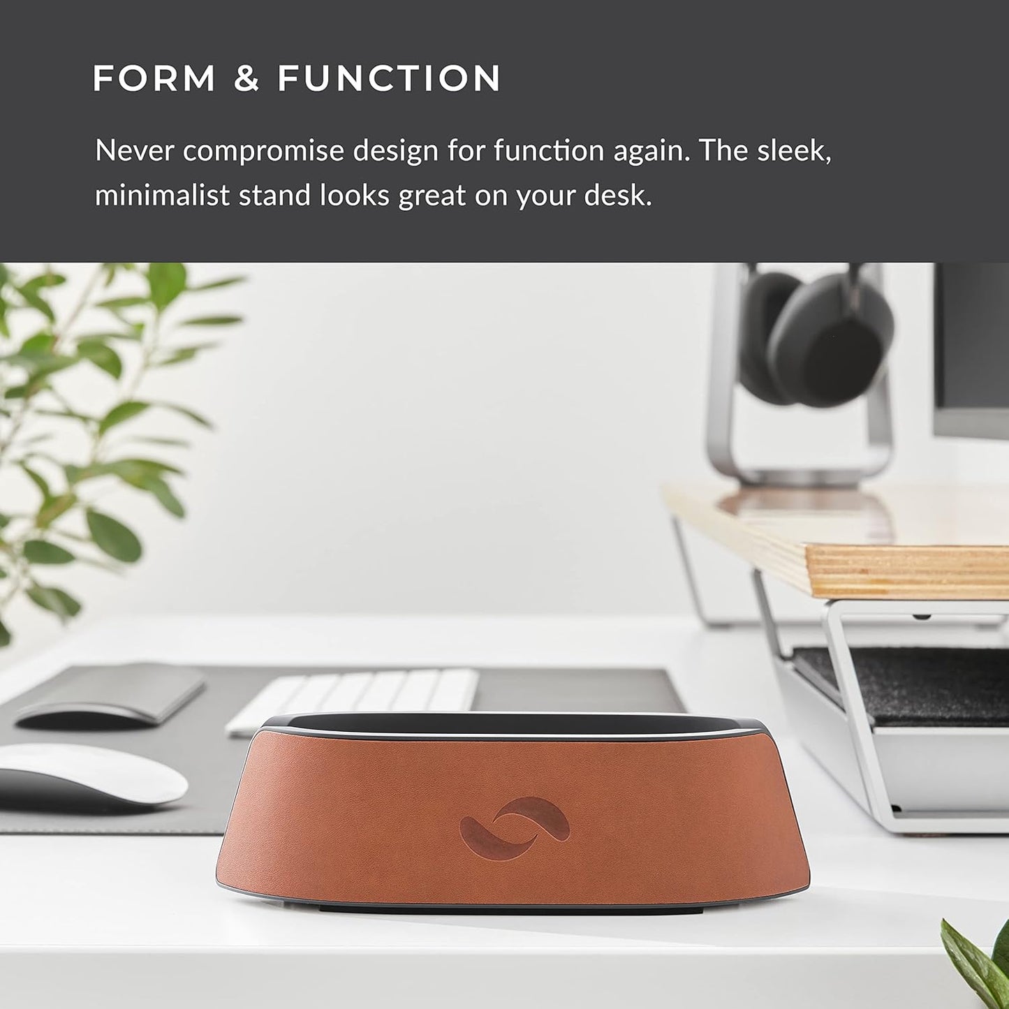 HumanCentric Vertical Laptop Stand in Vegan Cognac Leather, Upright Adjustable Holder and Dock, Laptop Vertical Stand Fits MacBook Pro and Other Laptops .5" to 1.5", Clamshell Compatible