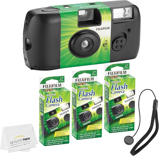 Fujifilm QuickSnap Flash 400 Disposable 35mm Camera + Hand Strap + Quality Photo Microfiber Cloth (3 Pack)