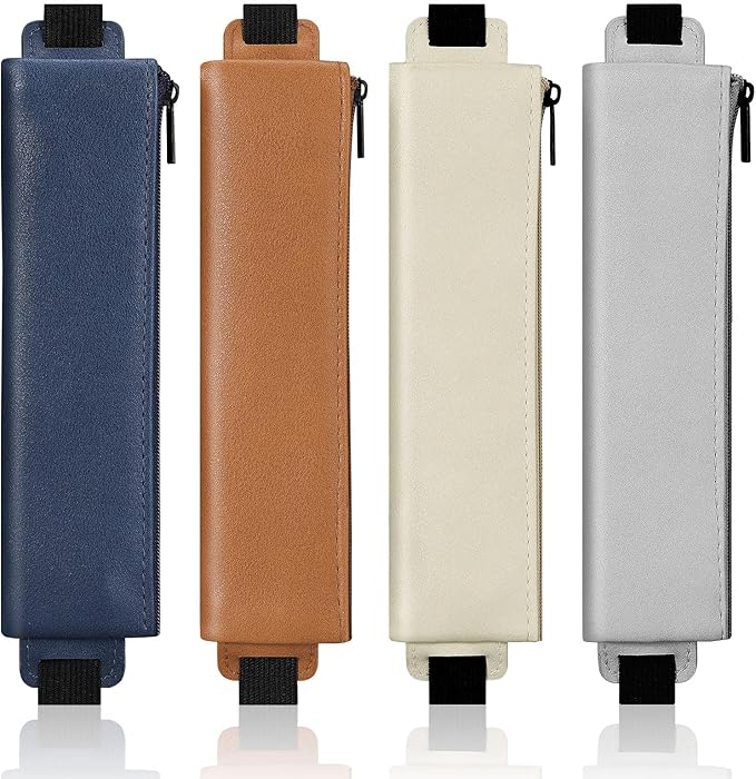 MoKo Elastic Pen Holder for Notebook, 4 Pieces PU Leather Pencil Case with Adjustable Band, Stationery School Supplies Zipper Bag for Planners, Journals, Book