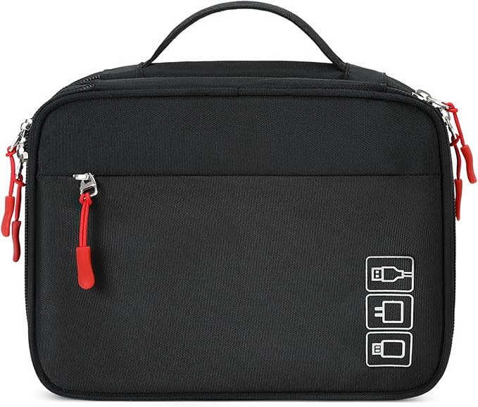 MIRLEWAIY Travel Charger Cable Organizer Portable Electronics Accessories Carrying Bag Waterproof Cord Storage Case Double Layer for Hard Drives, Phone, USB, SD Card, Black