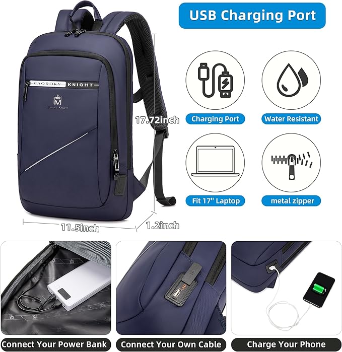 Caoroky knight Backpack Laptop Men 15.6 inch Slim Work Business Backpacks with USB Charging Port Mens Travel Bag Bookbag (Blue, Medium)