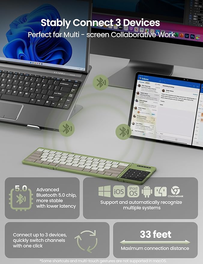 Nillkin Foldable Travel Keyboard with Touchpad & Number Pad, Bluetooth Wireless Portable Folding Full Size Keyboard with Trackpad for PC Laptop iPad Tablets Smartphone, Silicone Leather Cover, Green