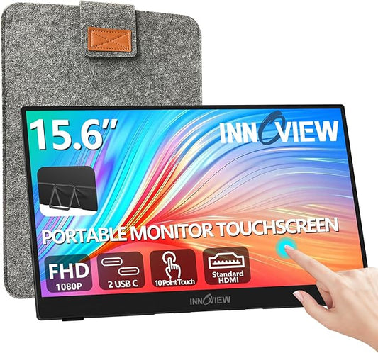 InnoView Portable Monitor Touchscreen 15.6" 1080P 10-Point Touch Screen Monitor Portable with Protective Sleeve Built-in Stand, 1200:1 HDMI USB C Travel Monitors for Laptop, PC, Phone