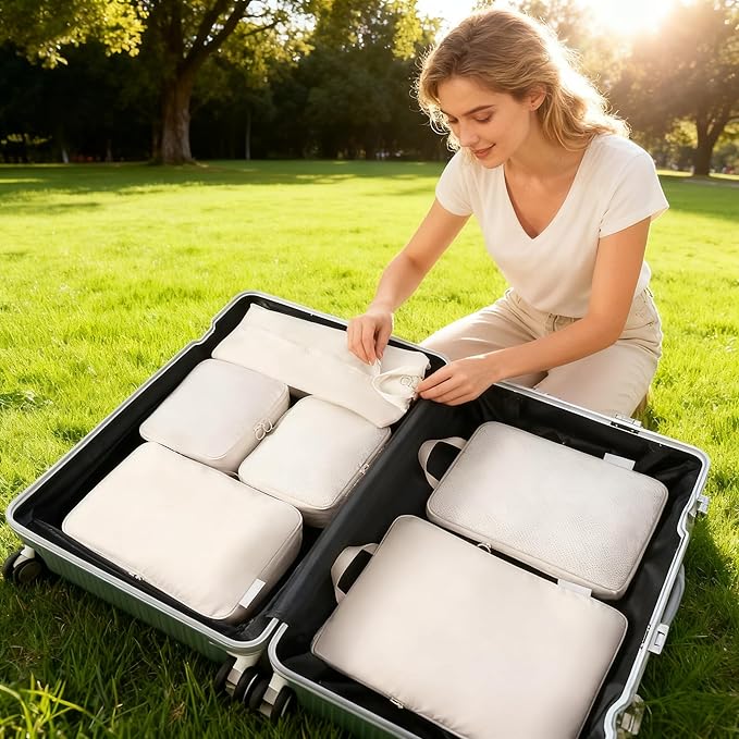 6-piece travel compression packaging cube - foldable travel bag expandable, luggage storage bag. (beige)